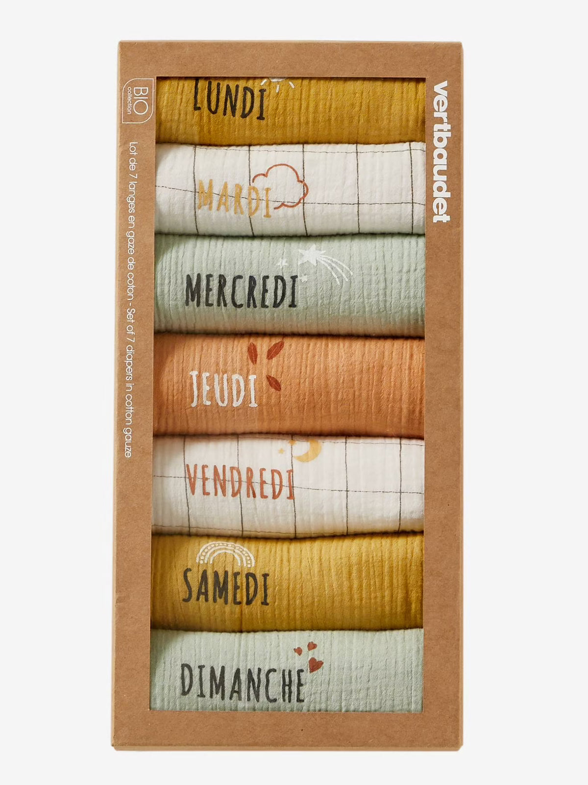 Coffret semainier de 7 langes en gaze de coton