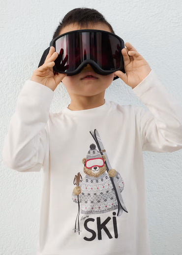 Tee-shirt ML ourson ski blanc cassé