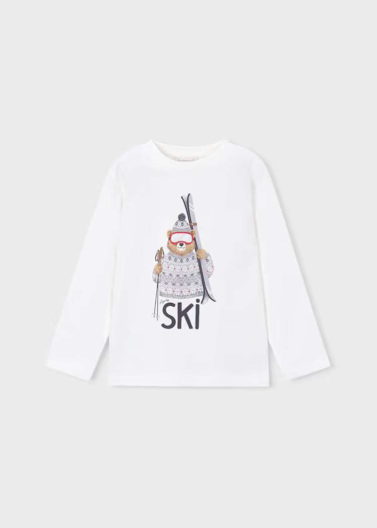 Tee-shirt ML ourson ski blanc cassé