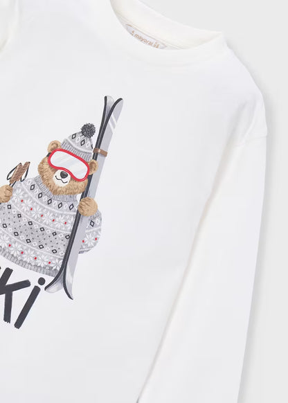 Tee-shirt ML ourson ski blanc cassé